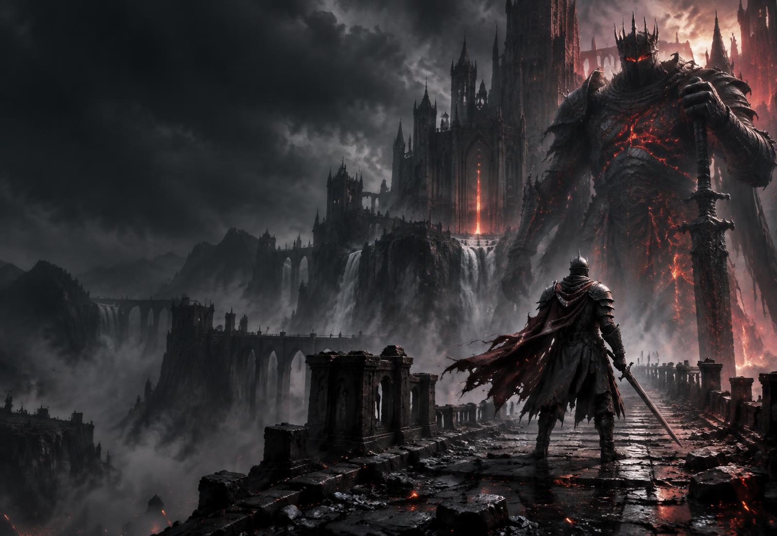 Guerreiro diante de um chefe colossal e um castelo sombrio